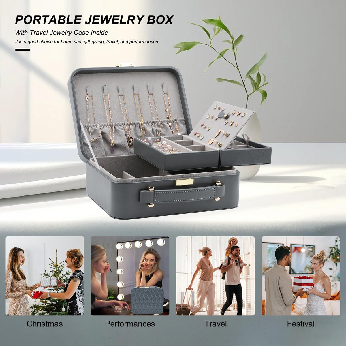 V-LAFUYLIFE Travel Jewelry Case Large Jewelry Box Jewelry Travel Organizer Jewelry Case with Handle Removable Tray Best Gift for Women Girls (Grey)