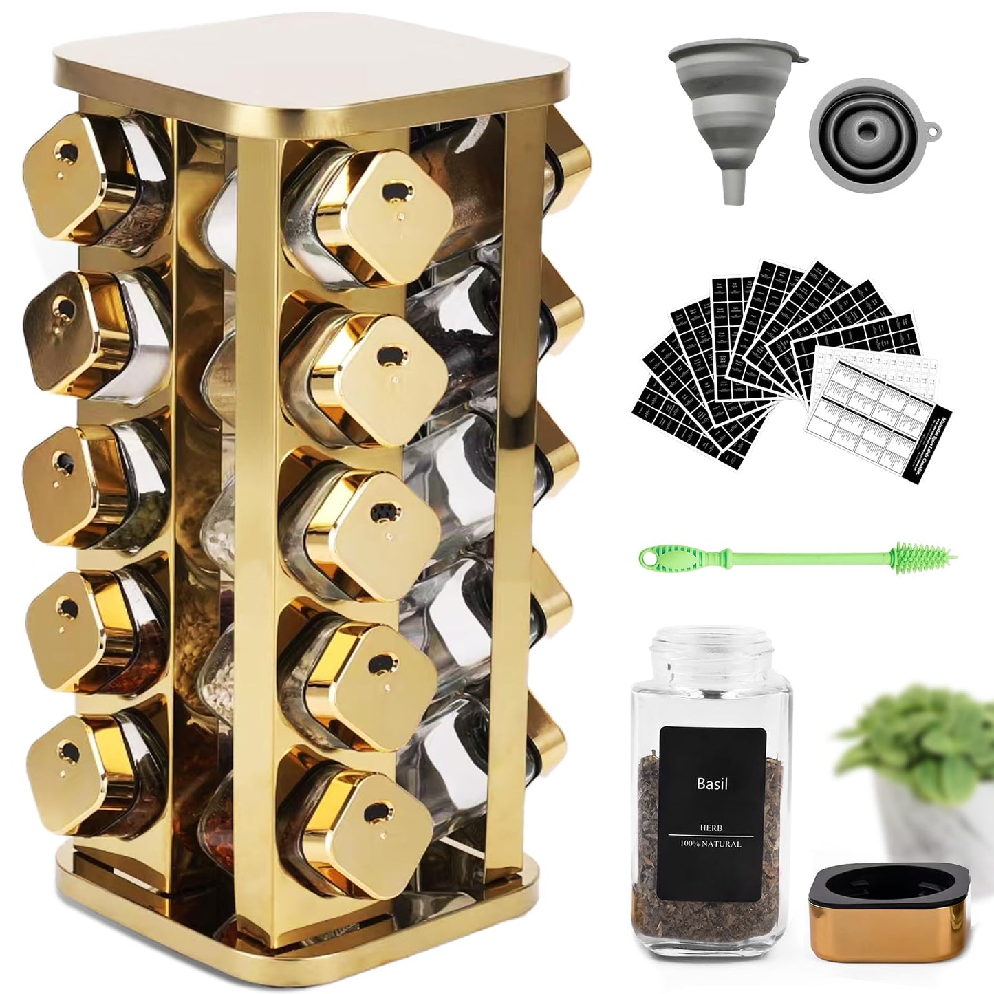 THYEUISM Kitchen stainless steel spice rack with 20 food grade glass cans-275 spice label-rotating vertical bracket and countertop seasoning rack cabinet tower storage rack (golden, 20)