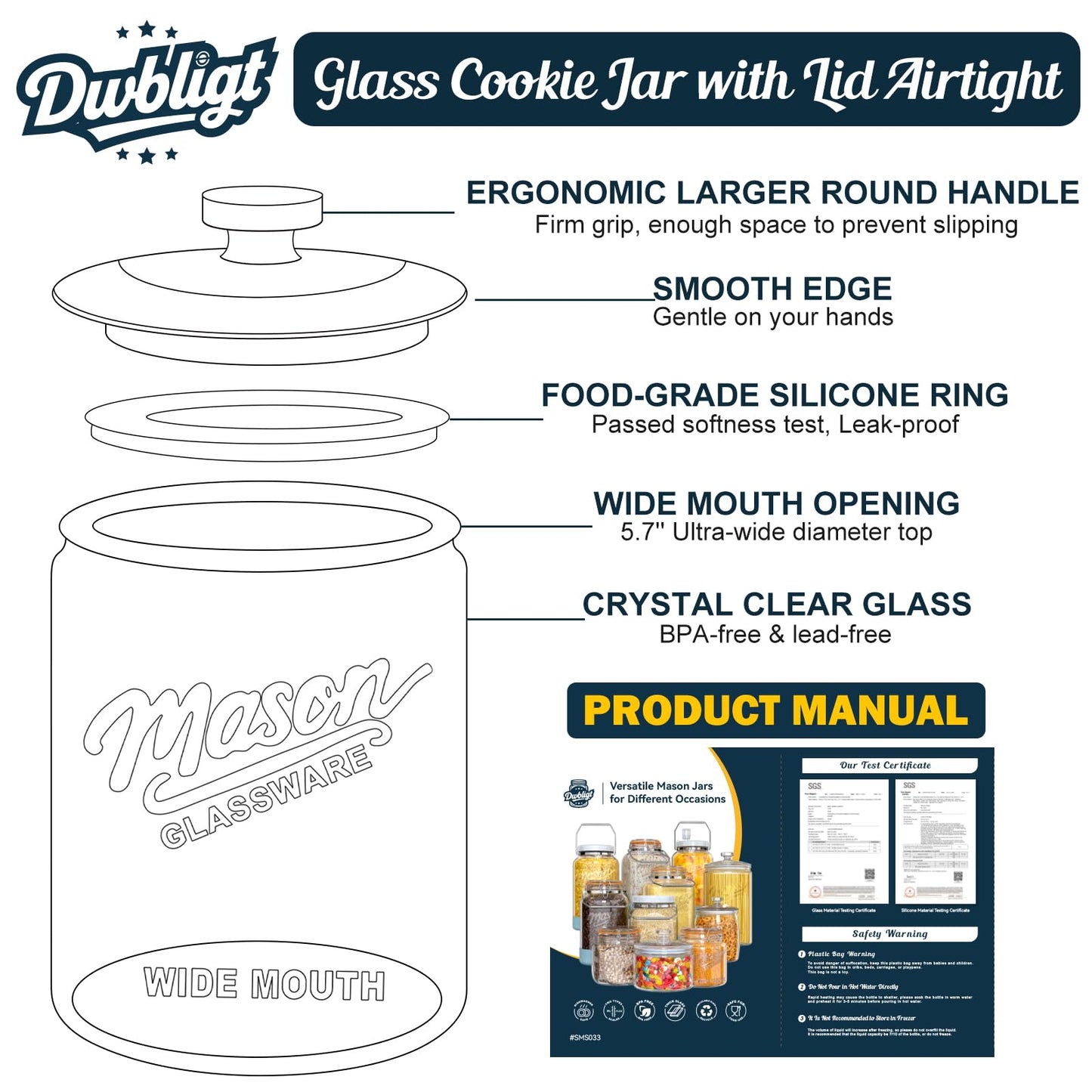 Dwbligt 1 Gallon Glass Cookie Jar with Lid Airtight, Large Wide Mouth Sourdough Starter Jar for Baked Goods - Glass Storage Container for Pantry Organizer, Laundry Room, Flour, Dog Treats, Meal Prep