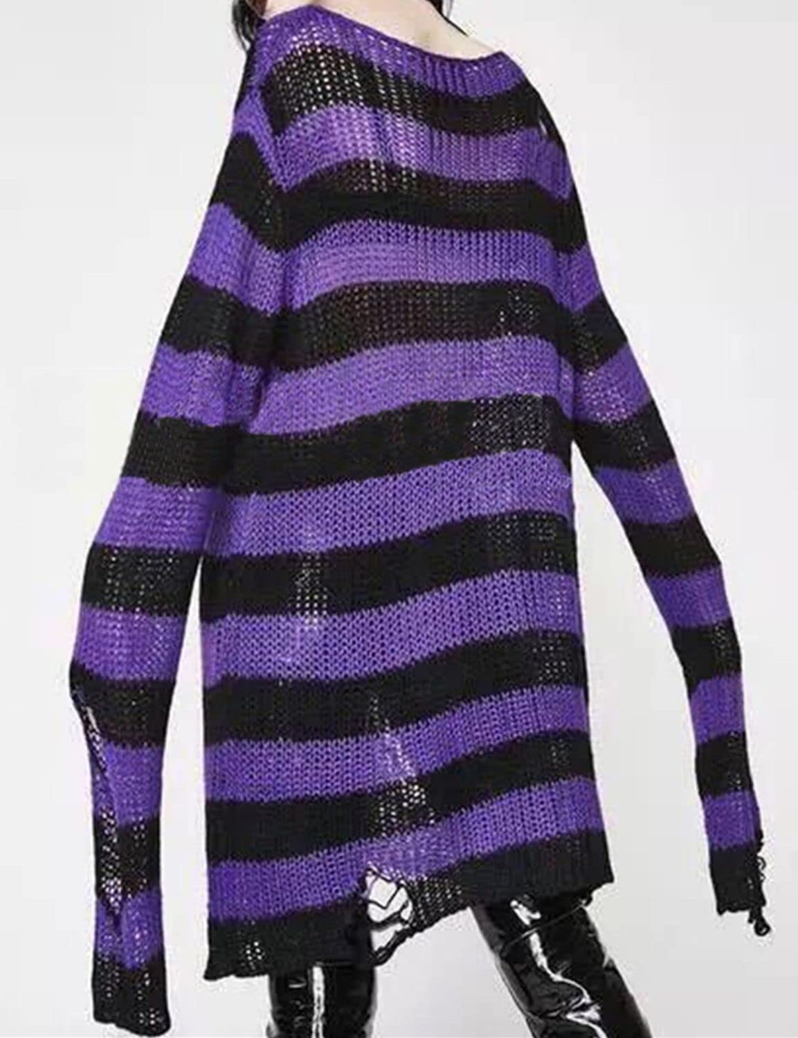 Vinsekep Women's Punk Gothic Sweater See Through Hole Ripped Striped Long Knit Pullover Dress Sweaters Shirt Black Purple Oversize OneSize