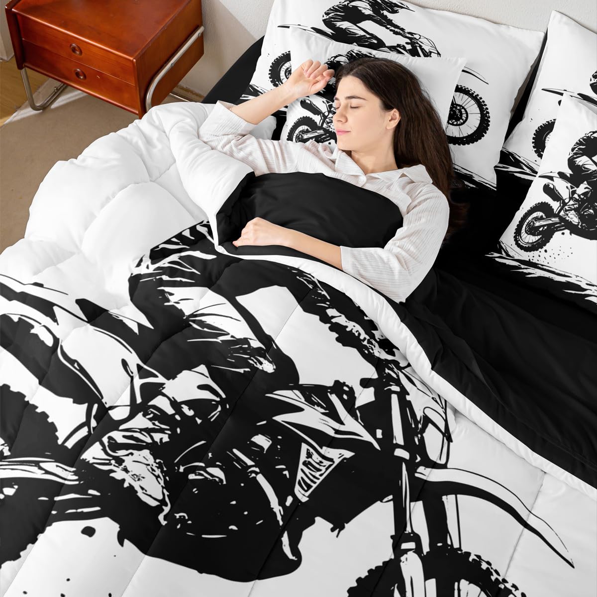 Erosebridal Teens Dirt Bike 7 Pcs Comforter Set Twin Size Motocross Rider Bedding Sets for Kids Boys Teens Adult Motorbike Extreme Sport Bed in A Bag Motorcycle Grunge Sheet Set