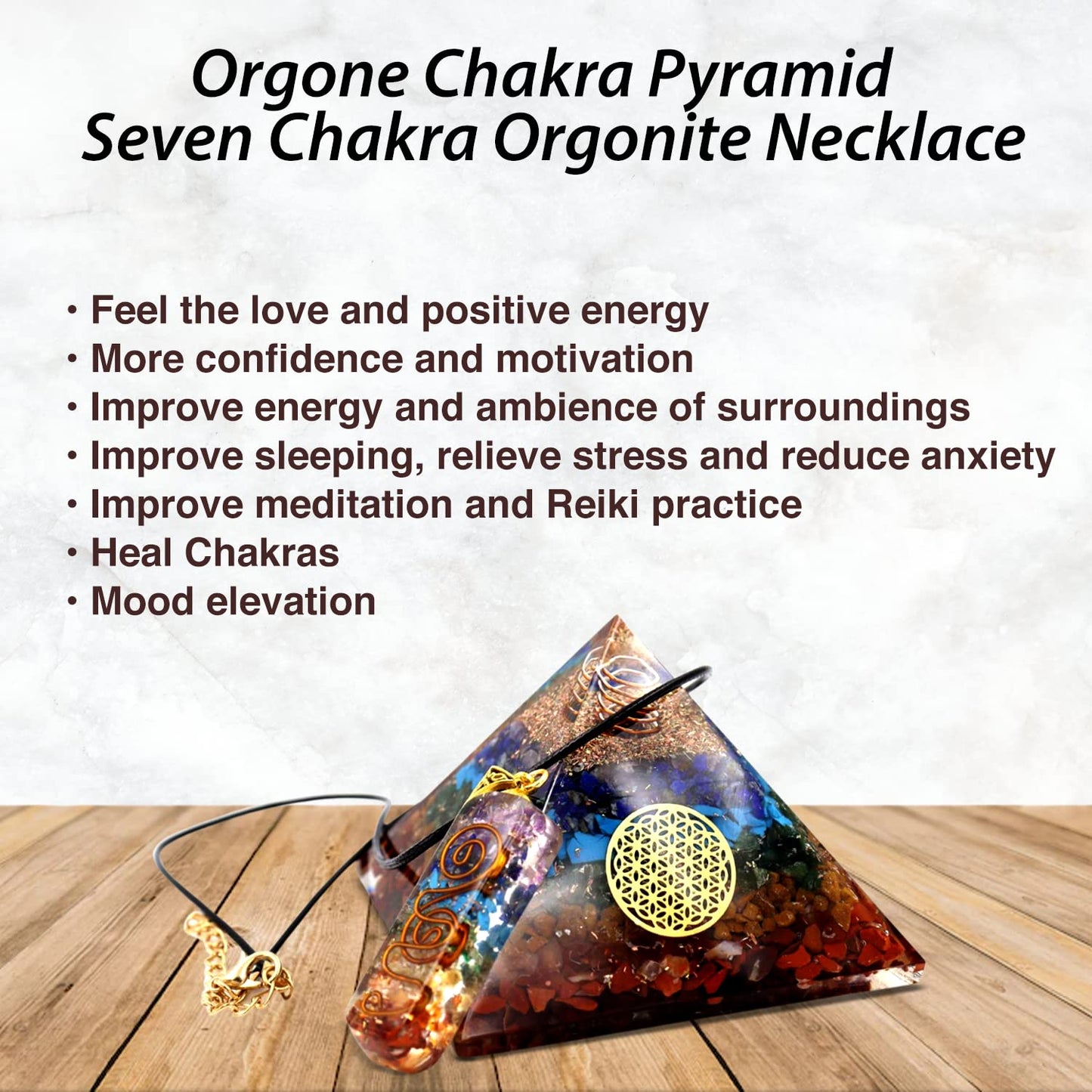 Real Crystal Chakra Pyramid - Seven Chakra Pyramid - Orgonite Pyramid for Energy Healing - Orgonite Kit - Protection with Seven Chakra Orgonite Necklace