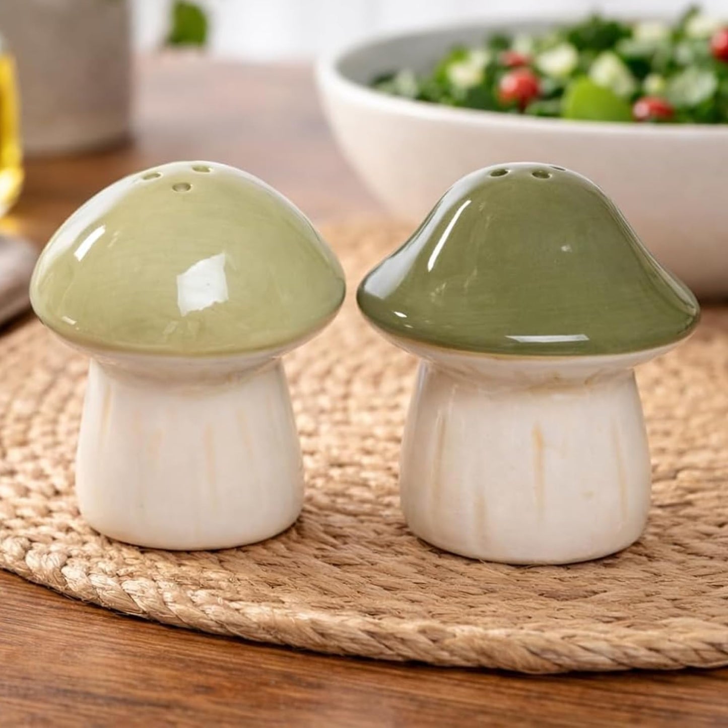 The Bridge Collection Ceramic Mushroom Salt And Pepper Shaker Set – Earthy Green Mushroom Shakers – Nature Inspired Kitchen Seasoning Set