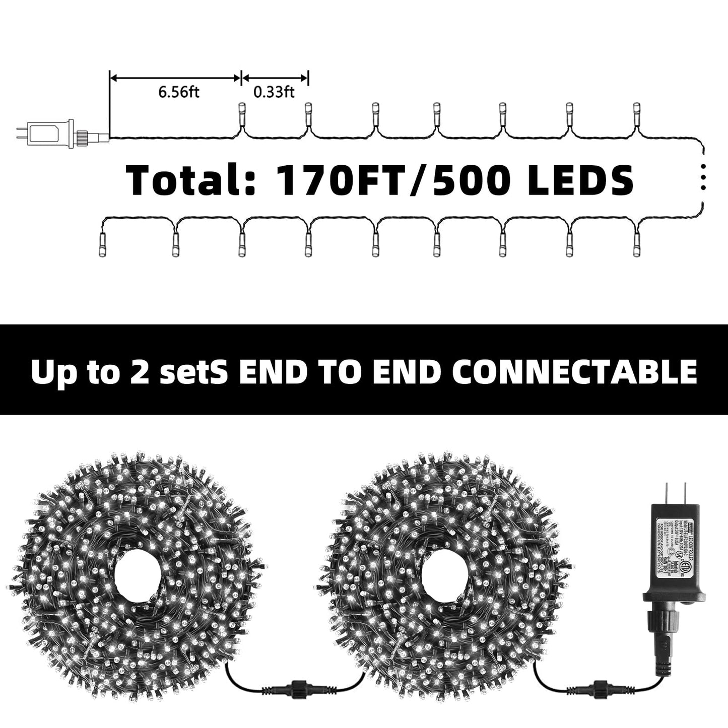 XTF2015 170FT 500 LED Christmas String Lights, Christmas Lights End-to-End Plug 8 Modes - UL Certified - Outdoor Indoor Fairy Lights for Christmas Tree, Garden, Party, Wedding, Holiday (Cool White)