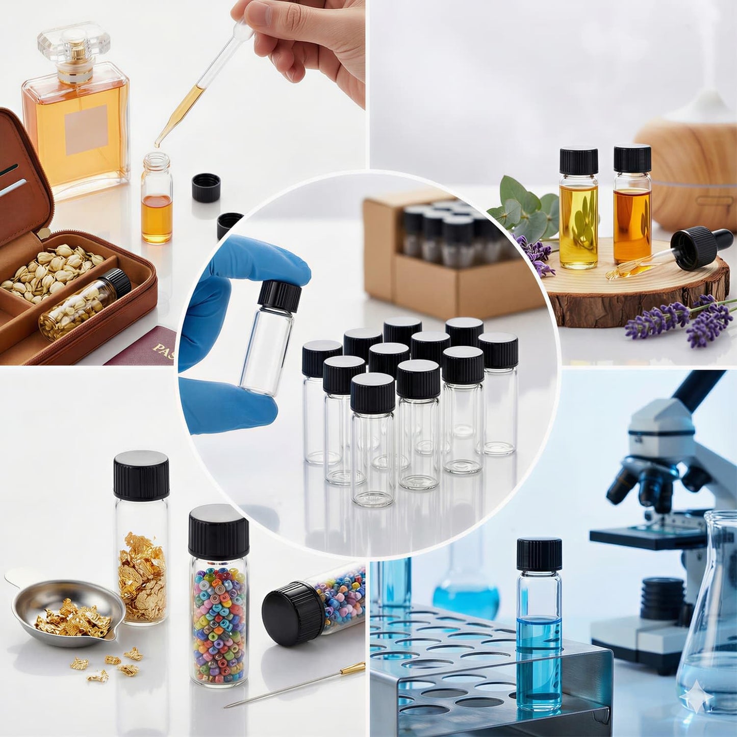 100Pcs 5ml 1Dram Glass Bottles with Black Caps - 1/6 oz Small Travel Vials for Essential Oil Blends, Serums & Cosmetic Samples - Refillable Clear Empty Jars for Wedding Favors, Potions, and Art Crafts