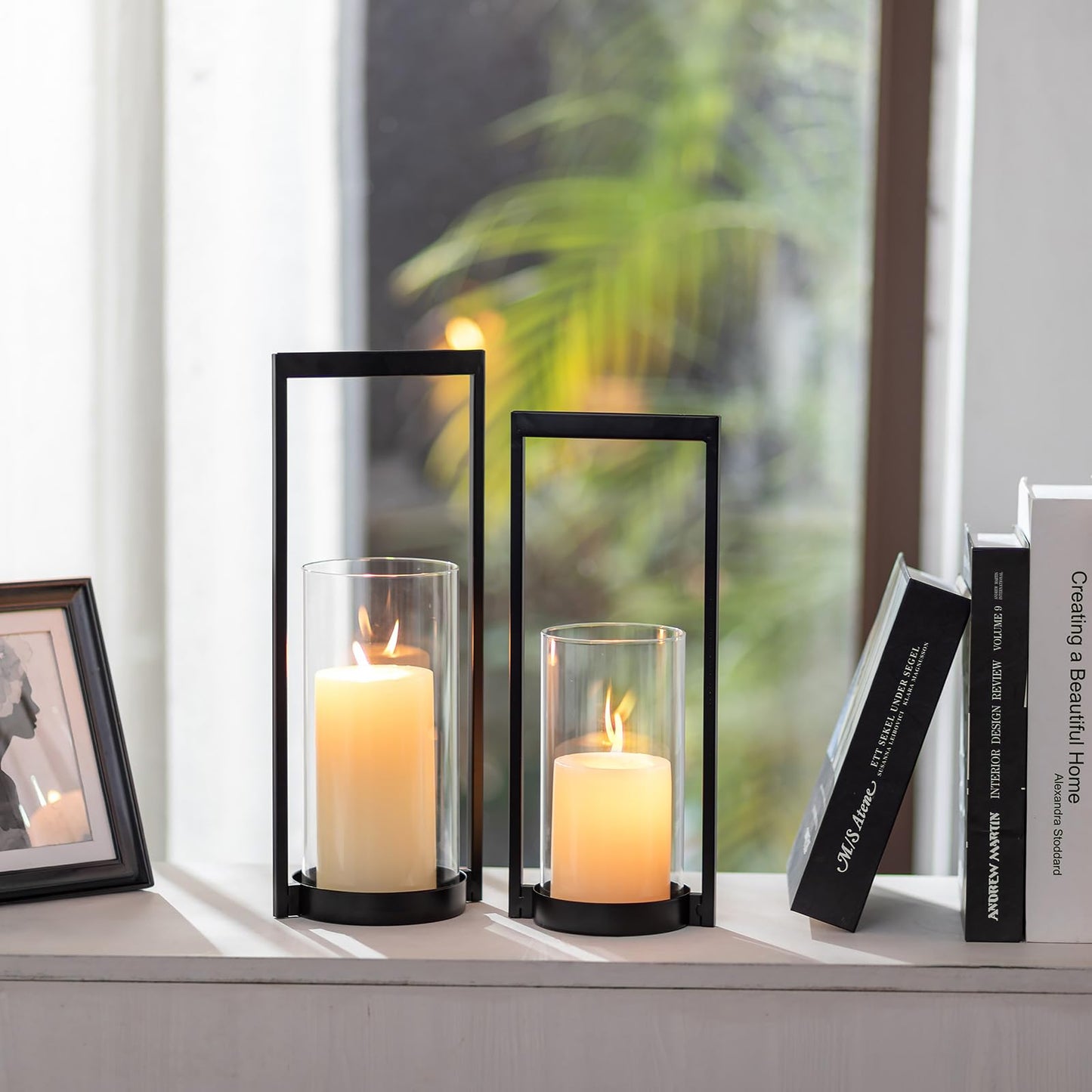 Sziqiqi Hurricane Candle Holder for Pillar: Black Modern Candle Holders for Table Centerpiece - Geometric Candle Stand Set of 2 with Glass for Living Room Fireplace Christmas Decor