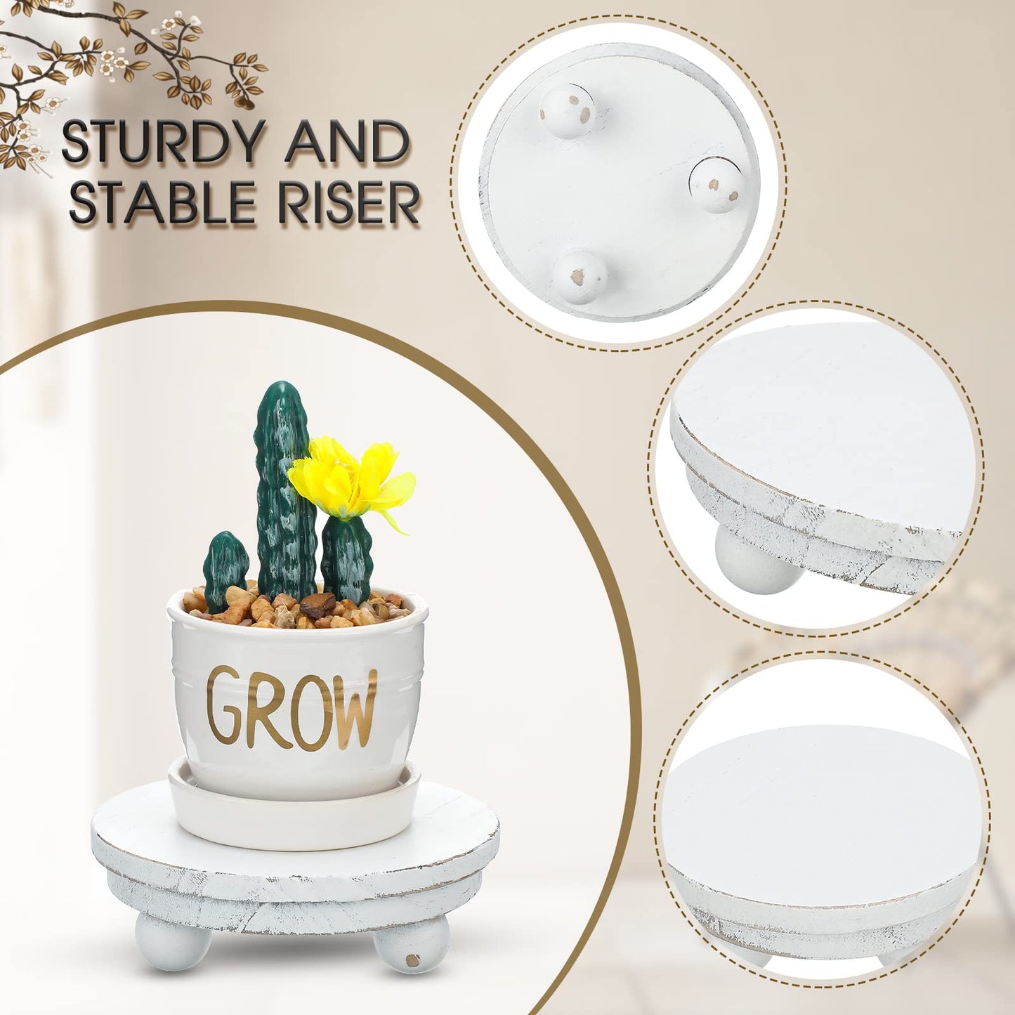 Amyhill 3 Pcs 5/4/3 Inch Mini Wooden Risers for Decor Small Round Pedestal Stand, Washed White Farmhouse Wood Riser with Ball Feet for Tiered Tray, Candles, Plants, Home Kitchen Decor