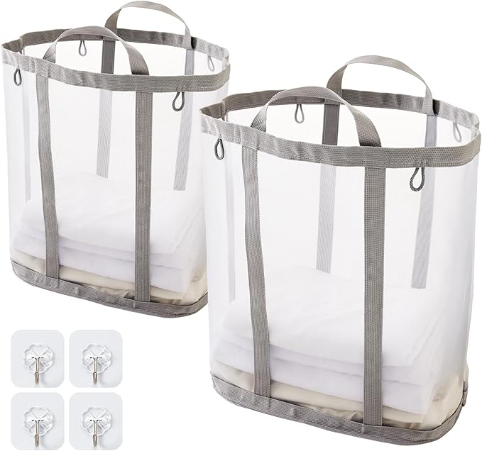 Mesh Laundry bag with Handles, 42L Collapsible Laundry Basket with 2 Hooks