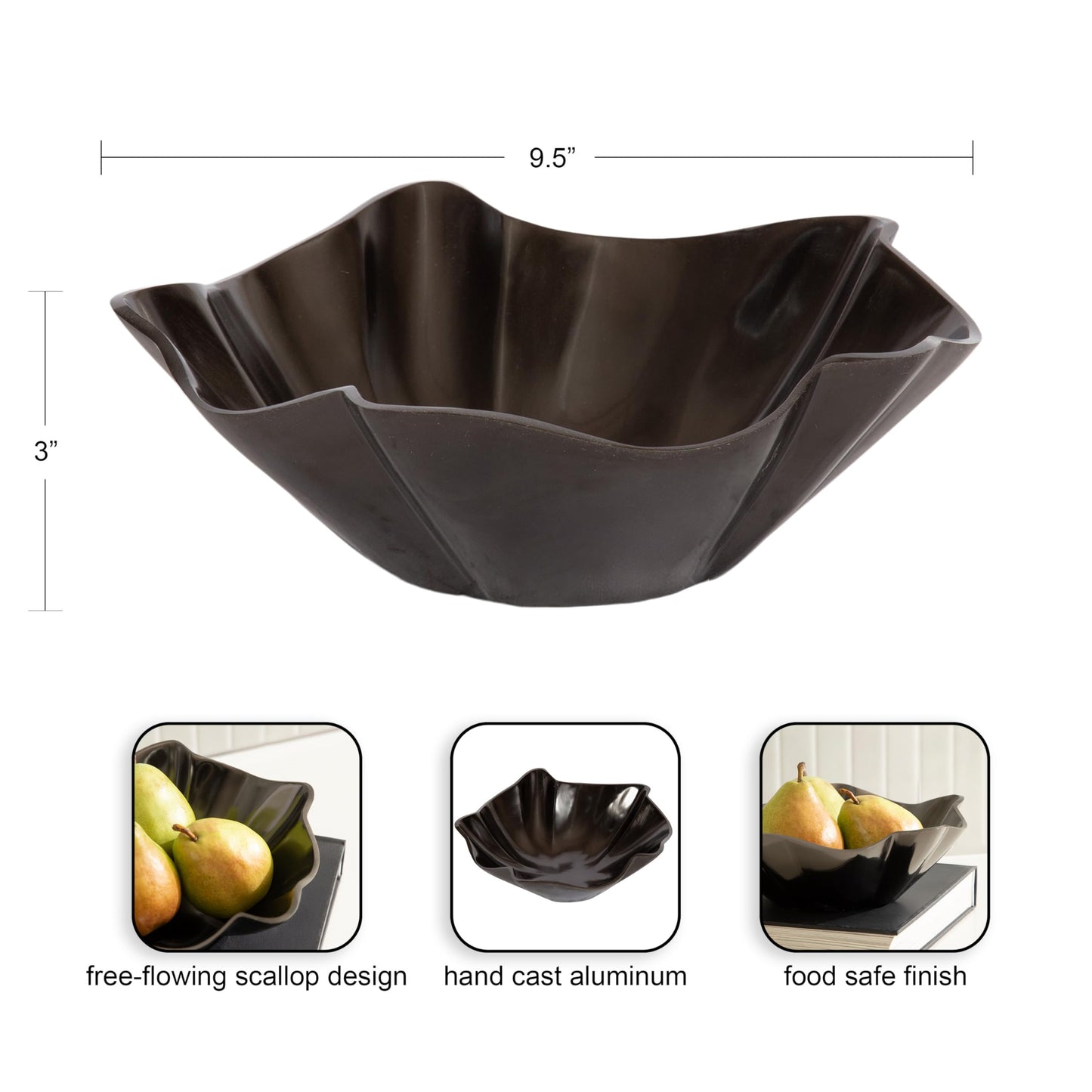 Kate and Laurel Flutte Scalloped Decorative Metal Serving Bowl; 10 x 10 x 3; Black Nickel; Modern Wavy Fruit Bowl for Kitchen Counter or Use as Tabletop Storage for an Entryway Table