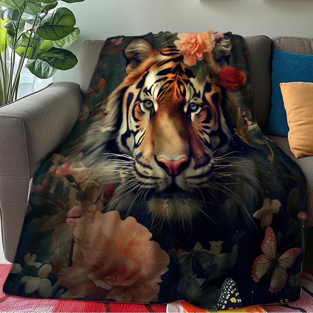 HUNXIAOJ Tiger Throw Blanket Tiger Gift for Kid Animal Print Blankets Queen Size Soft Warm Flannel for Sofa Bed (50 in x 60 in)