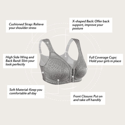 HACI Women's Front Closure Posture Bra Full Coverage Back Support Wireless Unpadded(Grey,40D)