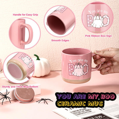 Roshtia 1 Set 7pcs Valentines You're My Boo Basket Gifts for Girlfriend You're My Boo Pink Ghost Handbag Throw Blanket Coffee Mug Candle Jar Spiral Journal Pen Card(Halloween)