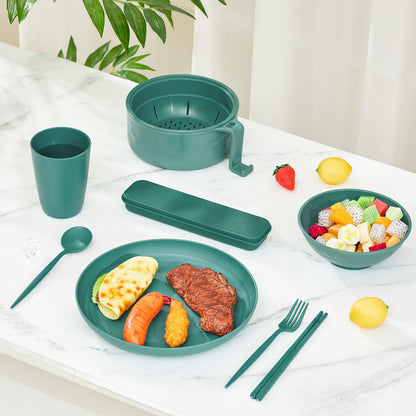 Romooa 6 Pcs Microwave Ramen Cooker Set Microwavable Wheat Straw Dinnerware Sets with 40oz Ramen Bowl, Plates, Cups and Cutlery Box, Dishwasher Safe Camping College Dorm (Dark Green)