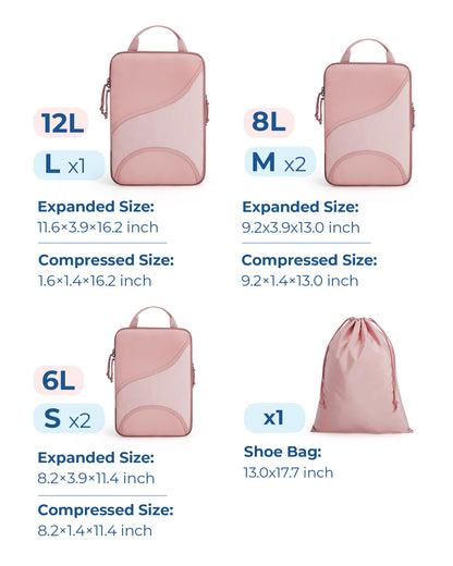 BAGSMART Compression Packing Cubes - 6 Set Travel Packing Cubes for Suitcases, Compression Suitcase Organizers with Shoe Bag Baby Pink