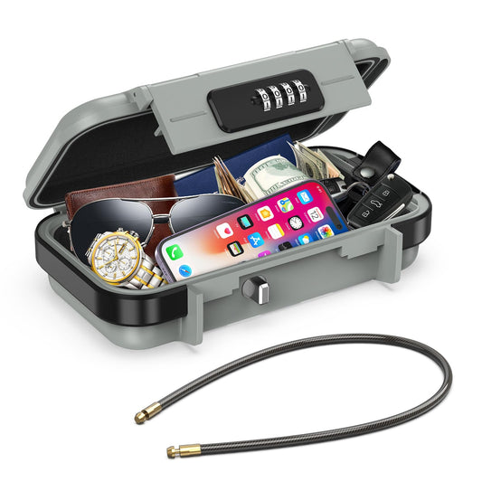 AMIR Portable Safe Box, Combination Security Case LockBox with Code, Waterproof Anti-Theft Mini Travel Safe Box with Removable Chain, Security Box for Home,Office, Grey