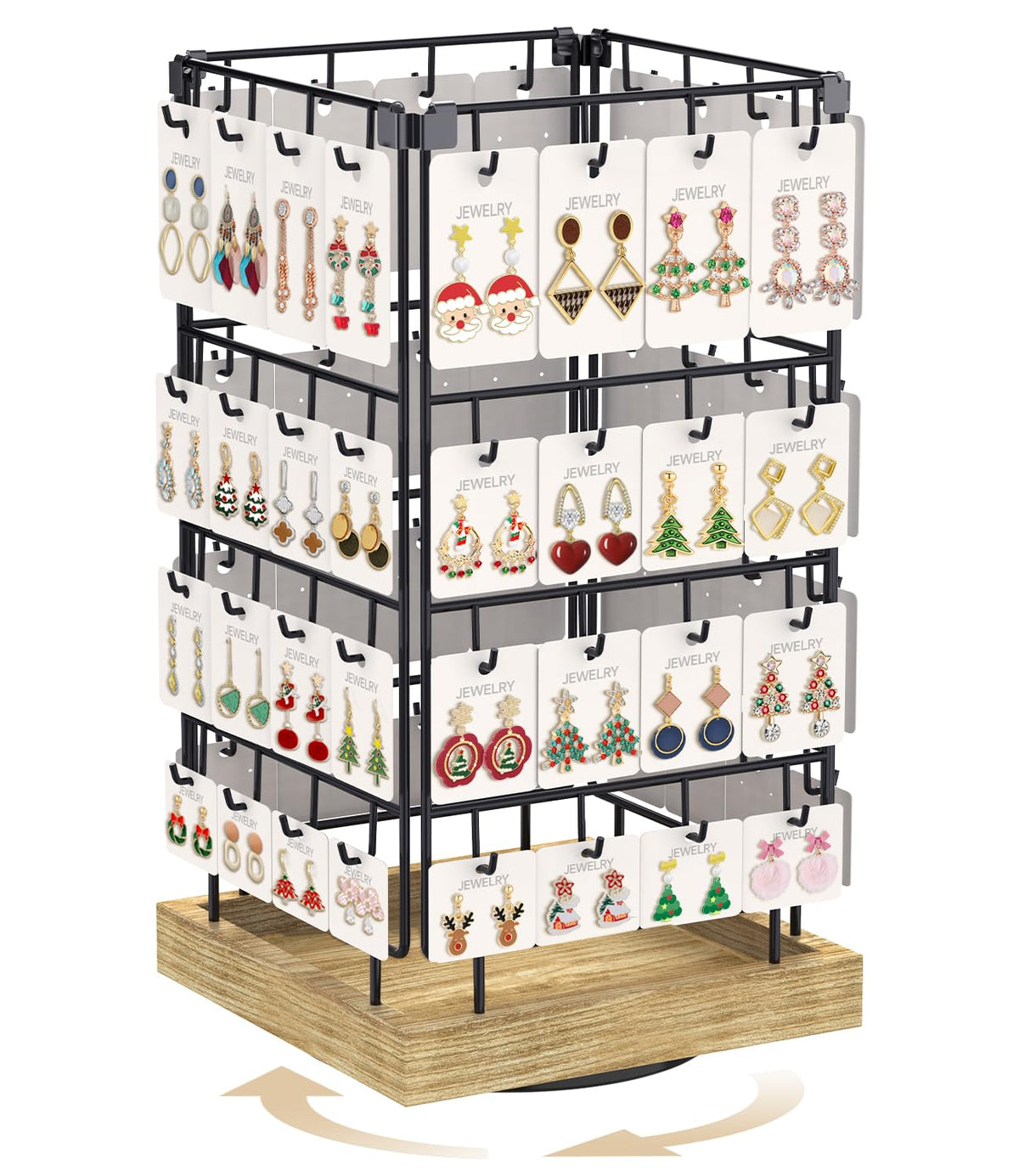 MODOWEY Earring Card Display Stand for Vendors, 64 Hooks Rotating Organizer Tree Holder, 4 Tier Jewelry Rack with Wooden Base for Stud Pierced Earring Selling, Grab Attention to Boost Sales, Oak