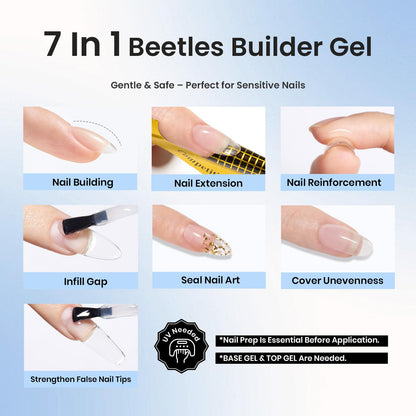 Beetles Builder Gel Set,3 Pcs 8 in 1 Nail Strengthening Apex Building Extension for Beginner DIY Salon at Home,Clear Builder Nail for Nails with Base and Top Coat Gel,UV & LED Lamp Needed