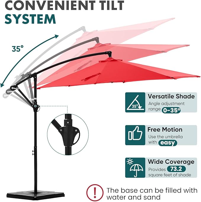OLIXIS Offset Patio Umbrella, 9.7FT Cantilever Table Umbrellas for Outdoor Sun Shade UV Protection with Easy Tilt Adjustment, 8 Ribs for Backyard, Lawn, Garden, Pool - Red