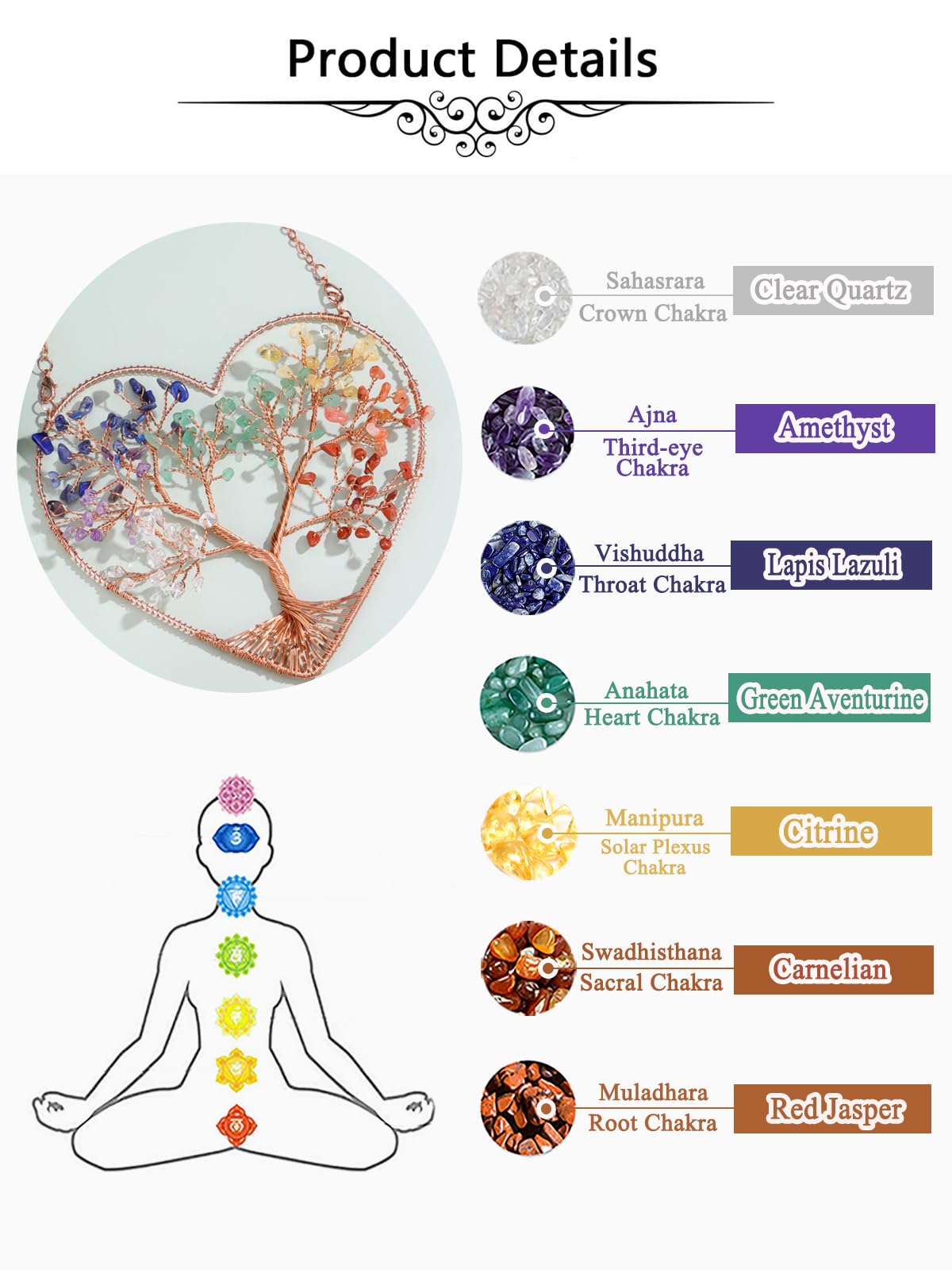 Jovivi 7 Chakra Heart Crystal Tree Hanging Ornament Healing Crystals Stones Gemstone Room Bedroom Wall Home Yoga Decor for Feng Shui Meditation Christmas Tree Ornament