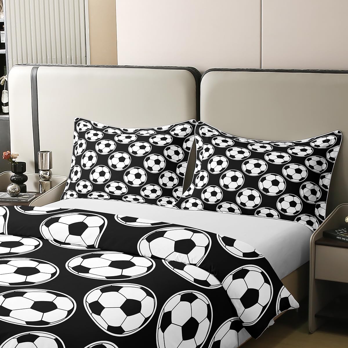 Erosebridal Football 100% Cotton Duvet Cover Twin Size Soccer Gamers Comforter Cover for Kids Boys Gaming Player Bedding Set Games World Cup Black White Ball Bedspread Cover with 1 Pillow Case