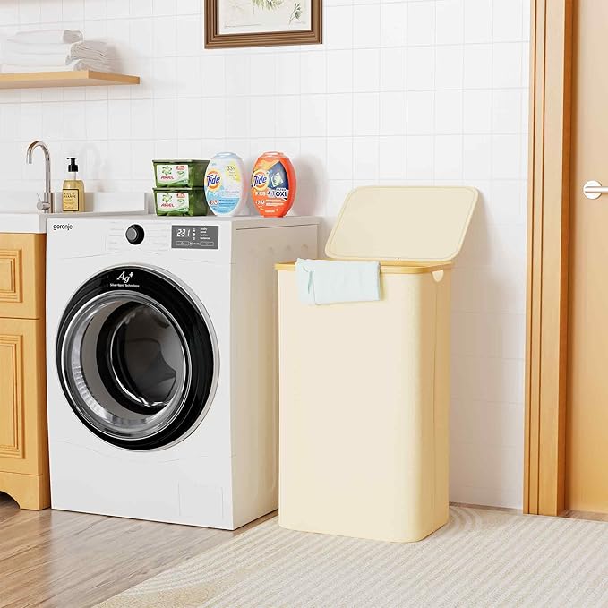 SUOCO Laundry Hamper with Lid, 29 Gal Clothes Basket with Bamboo Handles