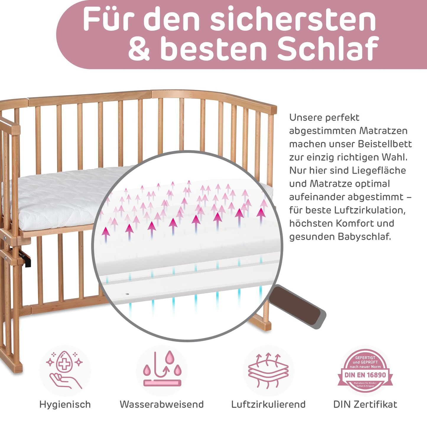 babybay Maxi Extra Large Side Bed Made of Solid Beech Wood/Children's Bed Height Fully Adjustable & Environmentally Friendly/with Mattress, Grid, Wheels (Natural Varnish)