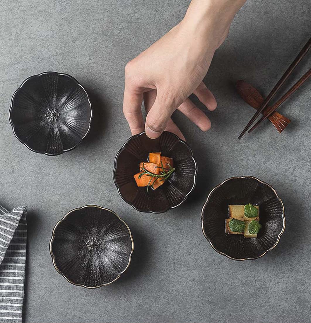Dipping Bowls, Soy Sauce Dish Ceramic, Small Serving Bowls for Side Dishes Vintage Black Stylish Design, Set of 6 Mini Appetizer Plates for Condiment Sushi Ketchup BBQ Party, 3.34 Inch