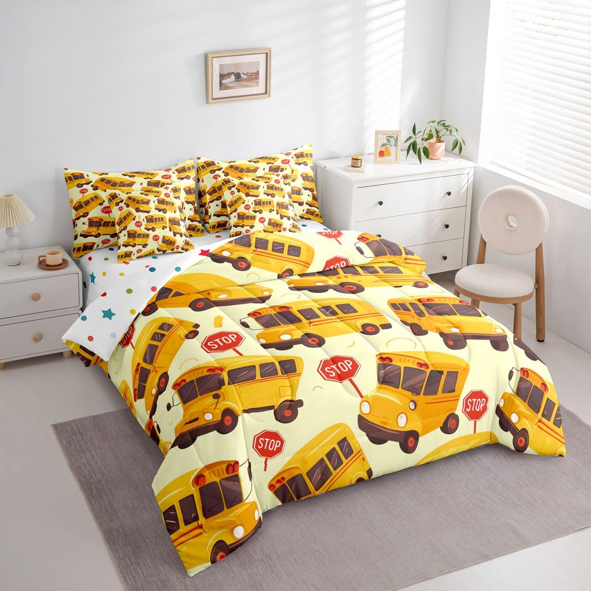 Erosebridal School Bus Twin 7 Pieces Bedding Set for Kids, Cartoon Truck Bed in A Bag for Boys Girls Teens Youth Bedroom Decor, School Theme Comforter Set with Sheets, Yellow Vehicle Bed Sets