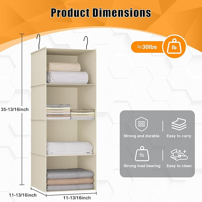 Hanging Closet Organizer, Easy Mount Foldable 4-Shelf Hanging Closet Wardrobe