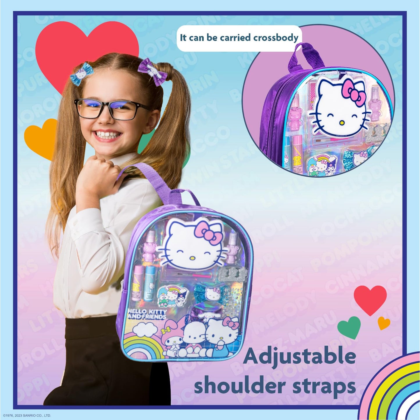 Hello Kitty and Friends Makeup Filled Backpack Set with 12 Pieces, Including Lip Gloss, Nail Polish, Nail Stones and Other Accessories, Ages 3+ for Parties, Sleepovers and Makeovers by Townley Girl