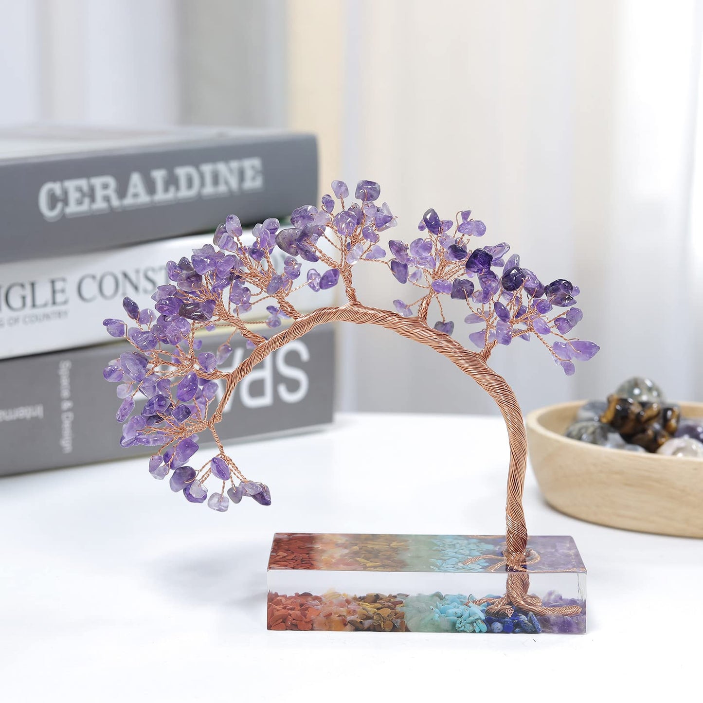 Rockcloud Amethyst Crystal Stone Money Tree with Chakra Resin Base, Handmade Feng Shui Bonsai Tree Home Office Desktop Decor for Good Luck and Wealth, Purple