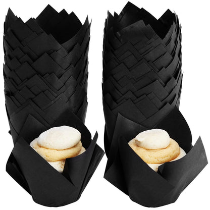 Juvale Cupcake Liners - 2 x 3.5 in, Black, 100 Pack - Tulip Cupcake Liners for Baking & Parties - Greaseproof Paper Wrappers
