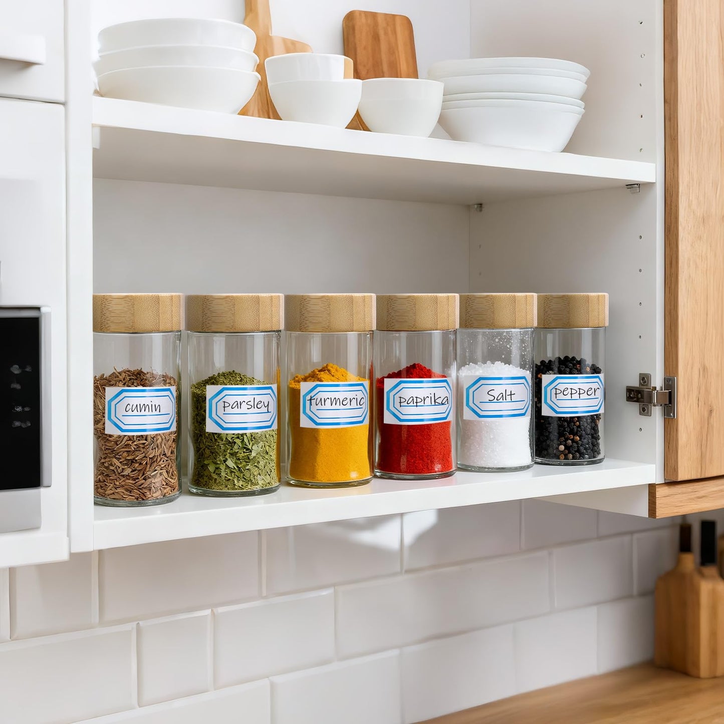 Segarty 3oz Round Spice Containers with Bamboo Shaker Lids, 3 PCS 90ml Spices Jars, Empty Glass Seasonings Organizers for Condiment Herb Storage, Small Salt and Pepper Shakers with 7 Stickers, 1 Brush