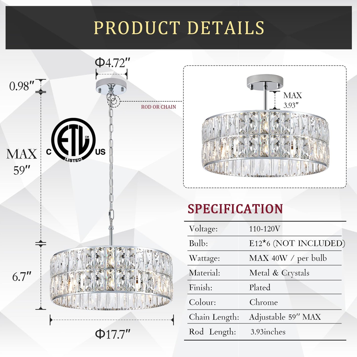 CATINER Modern Crystal Chandelier 18”Chrome Semi Flush Mount Ceiling Light Fixtures 6-Lights Drum Crystal Pendant Lighting for Dining Room Foyer Bedroom Living Room