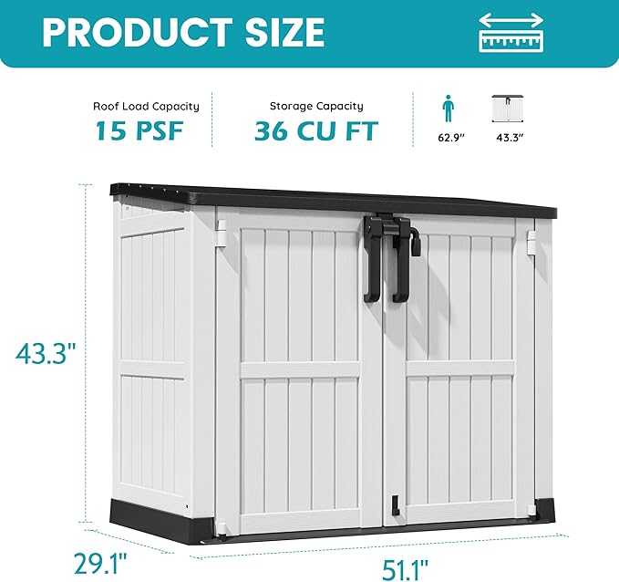 LHBcraft Outdoor Storage Cabinet 36 Cu Ft with Lockable Doors, Portable Horizontal Storage Shed, Resin Outdoor Storage Box Waterproof for Patio-Easy to Assemble
