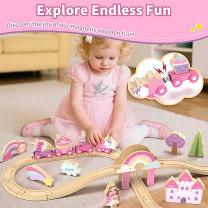 Lehoo Castle Wooden Train Set, Train Set for Toddlers 2-4, Wooden Train Track for Girls, Unicorn Toys for Girls Age 4-6, Toys for 3 4 5 6 Year Old Girl Gifts for Christmas Birthday