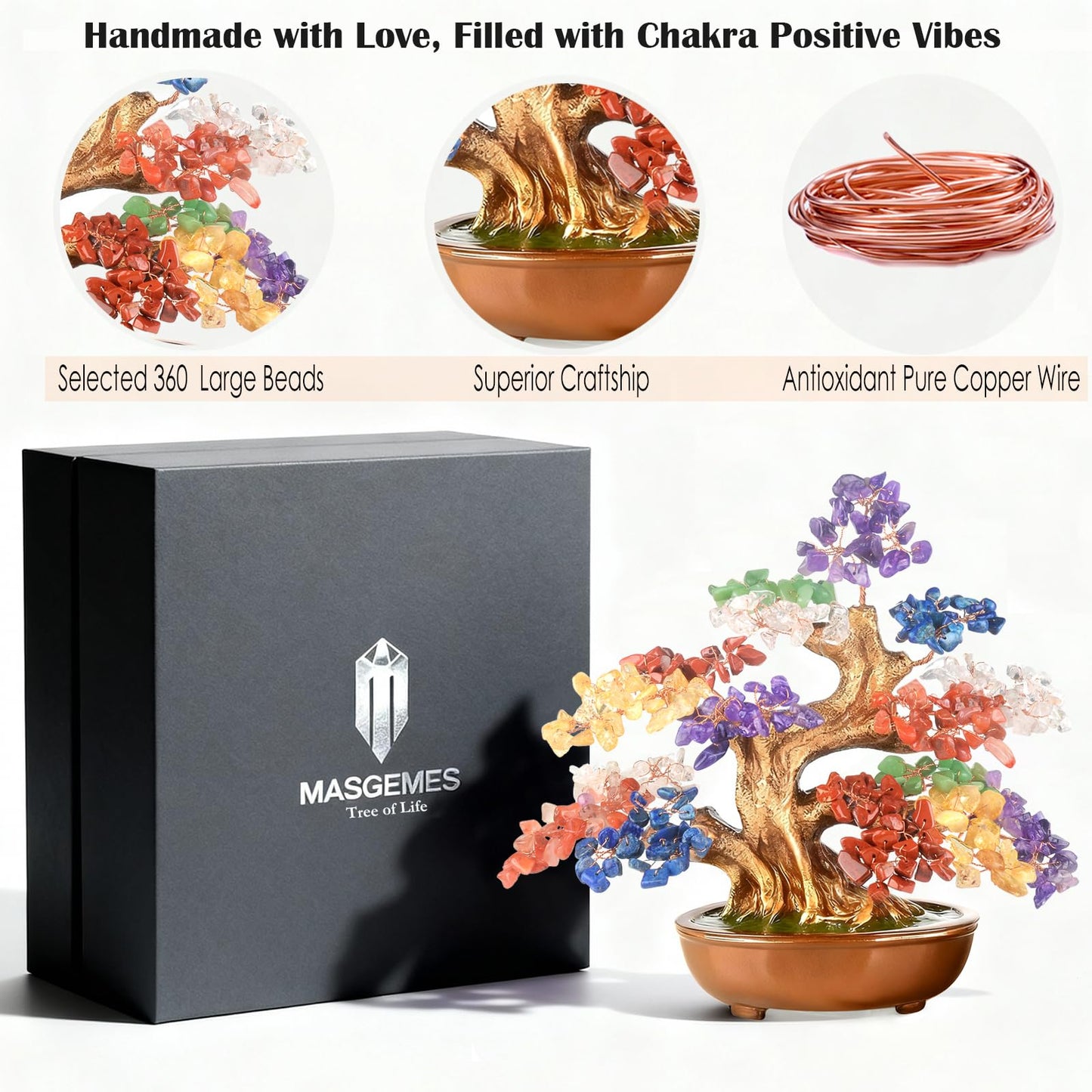 MASGEMES 7 Chakra Crystal Tree of Life Bonsai with Natural Gemstones(360 Large Beads) Chakra Balancing Healing Crystals Feng Shui Money Tree for Positive Energy, Office & Home Decor 8"