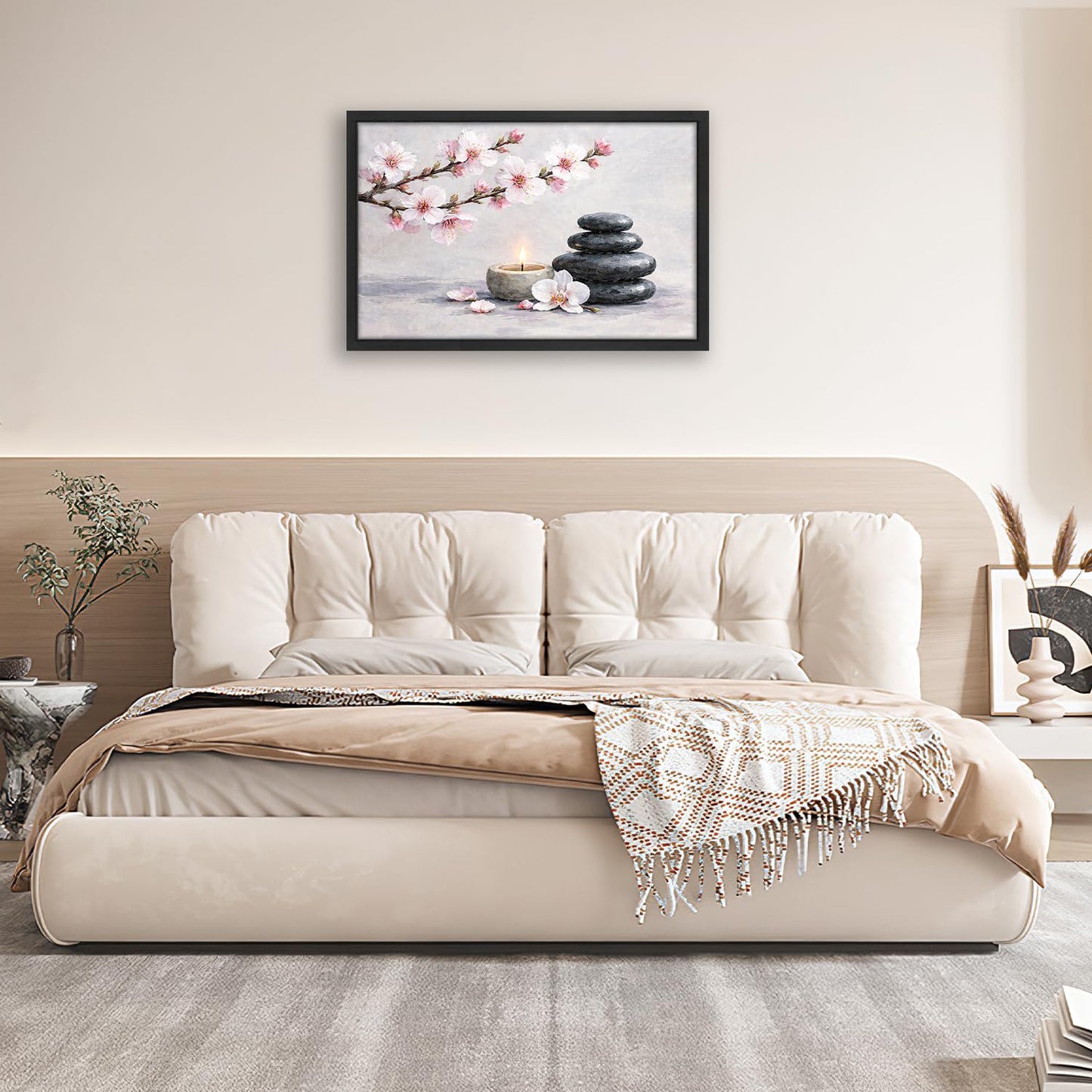 Framed Zen Stones Wall Art Yoga Meditation Picture Wall Decor Zen Minimalist Canvas Print Painting Neutral Calming Artwork Gifts for Bathroom Spa Room Bedroom Home Decoration 16"x24"