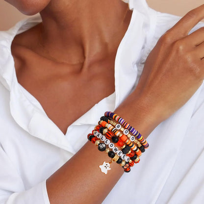 Pychee Summer Surfer Heishi Bracelet Set for Women Stackable Gold Plated Clay Ploymer Bead Stretch Pink Beach Layering Bracelets Jewelry (Style-B-Halloween1)