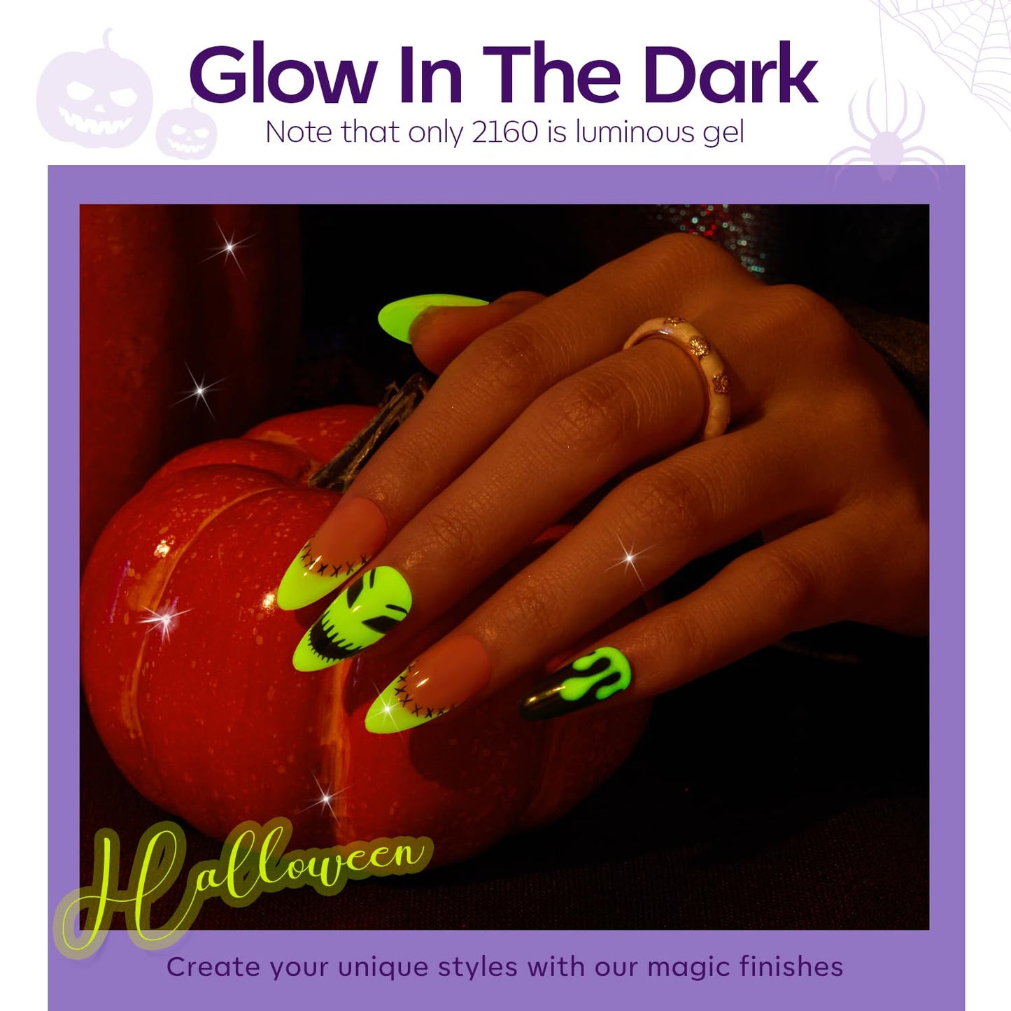 modelones Gel Nail Polish Set 6 Colors 2025 Halloween Hocus Pocus Collection Glow in the Dark Neon Green Orange Purple Red Black Gel Polish Set Fall Soak Off LED Nail Art Kit Gift with Nail Stikers