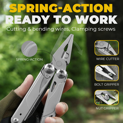 Elvesoar 21-in-1 Stainless Steel Multitool, Self-Locking EDC Multi Tool with Needle Nose Pliers, Pocket Knife, 2 Screwdriver Bits, Saw, Sheath & Fire Starter - 10.3oz, Camping Gifts for Men