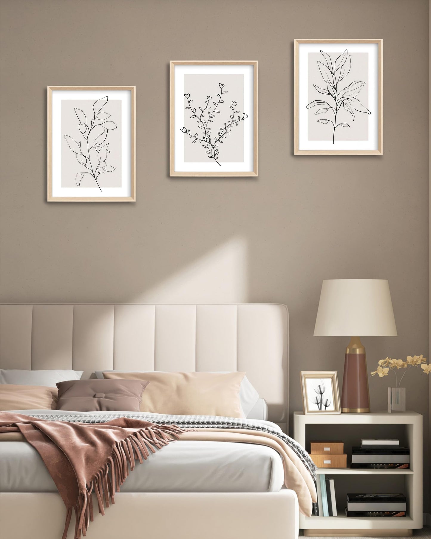 HesenDot 12x16in Botanical High Framed Wall Art Set of 3, Minimalist Line Drawing Plant Canvas Prints, Neutral Modern Nature Wall Decor for Living Room Bedroom Bathroom Office