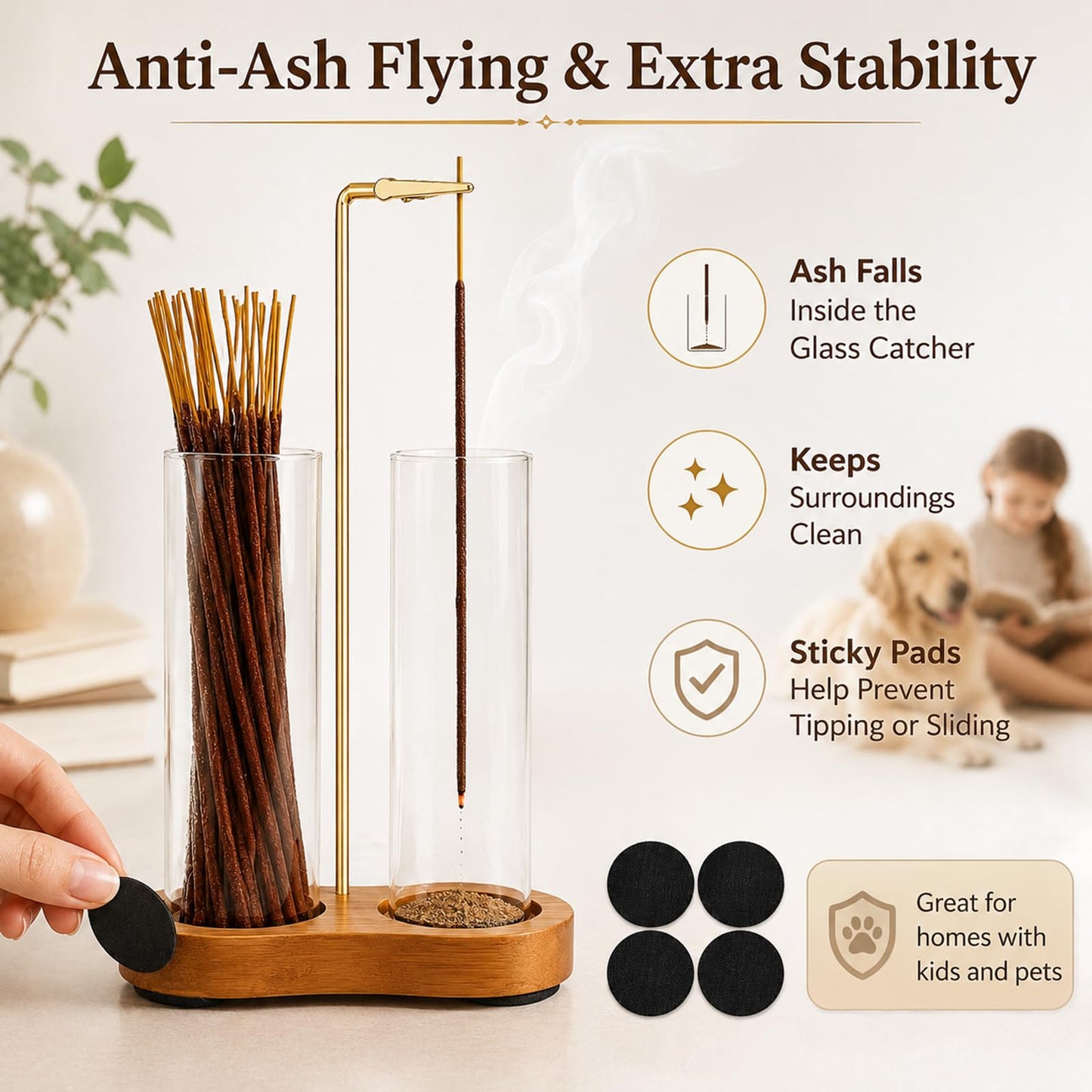 2 in 1 Incense Stick Holder - Glass Incense Holder with Ash Catcher & Incense Storage and Sticky Pads, Anti-Ash Flying Incense Stick Burner for Meditation Yoga Spa Home Office Decor