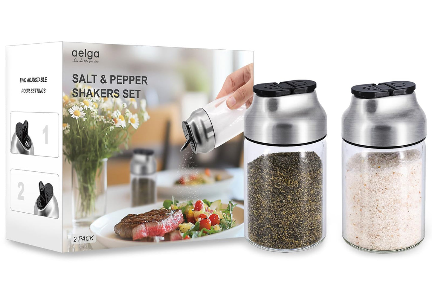Aelga Glass Sugar Dispenser with Pour Spout + Salt and Pepper Shakers Set