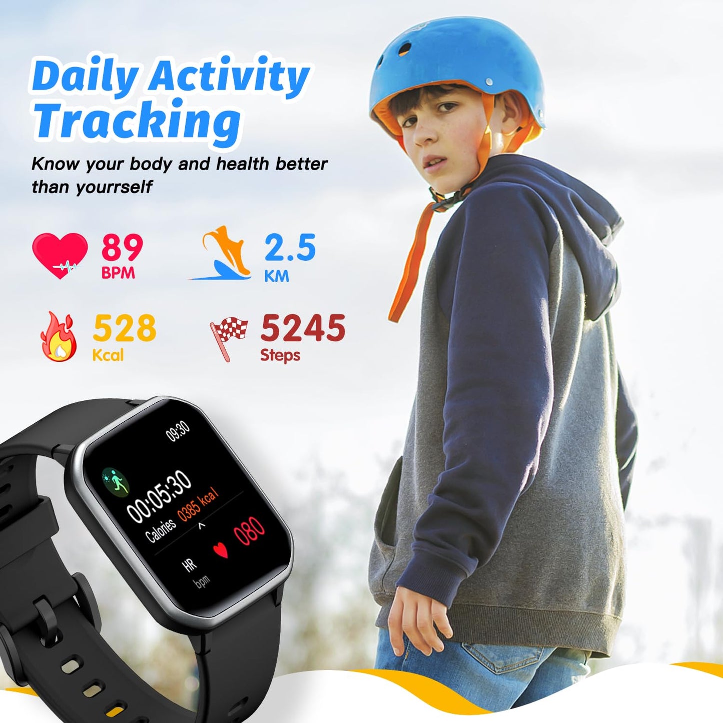 Kids Smart Watch for Girls,IP68 Waterproof Kids Fitness Tracker Watch with 1.5 Inch DIY Face,Heart Rate Sleep Monitor,19 Sport Modes,Calories Counter,Alarm Clock,Great Gifts for Children 6+ (Black)