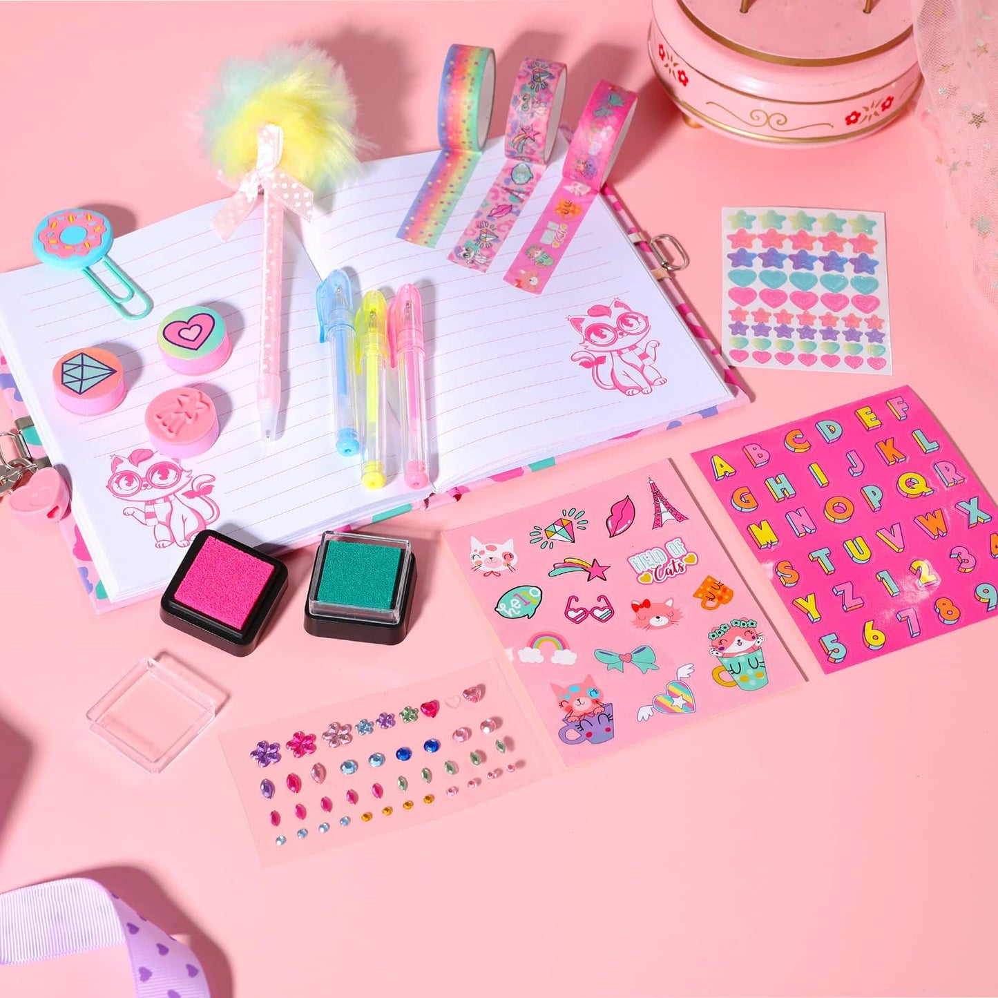 YOYTOO Cat Diary for Girls with Lock, Cat Stationery Set with Secret Diary, Stamps, Pens, Journal Notebook Birthday Christmas Gifts for Little Girls Age 5 6 7 8 9 10