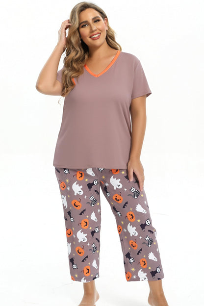 Vozanet Women's Pajamas Set Soft V Neck Sleepwear Top and Capri Pj Lounge Sets Plus Size Novel Floral Design Elegant Loungewear Capri Sets, Ghost Pumpkin, XX-Large