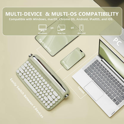 YUNZII Upgraded Wireless Typewriter Keyboard,with Retro Integrated Stand,USB-C/Bluetooth,Cute Round Keycaps, USB-C/Bluetooth Connection for Table, Phone, PC and Win/Mac/Android (B309, Baby Pink)