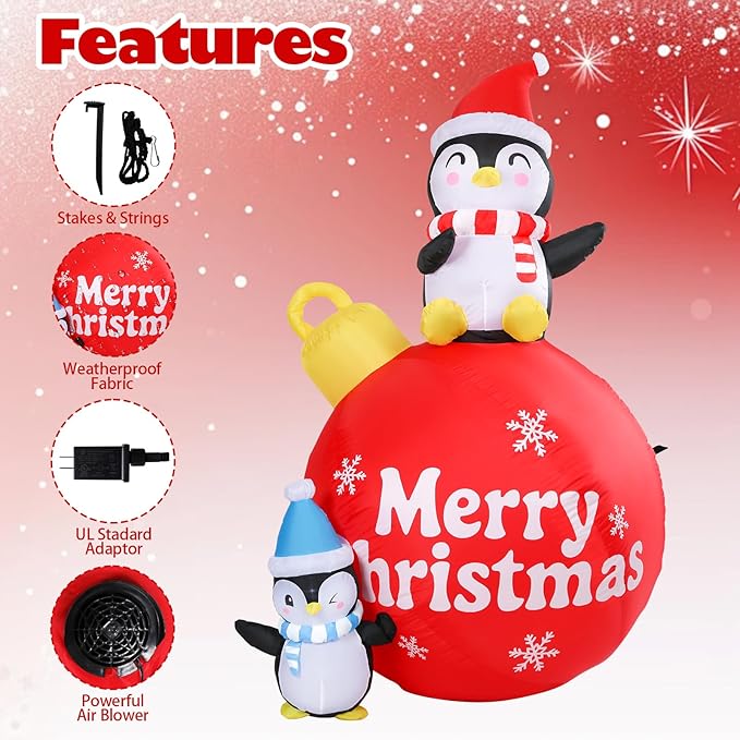 Vigdur Christmas Penguin Inflatable, 6FT Xmas Blow Up Holiday Ball Decoration with LED Lights, Outdoor Christmas Penguin Decoration for Yard Garden Lawn Winter Holiday Supplies Décor