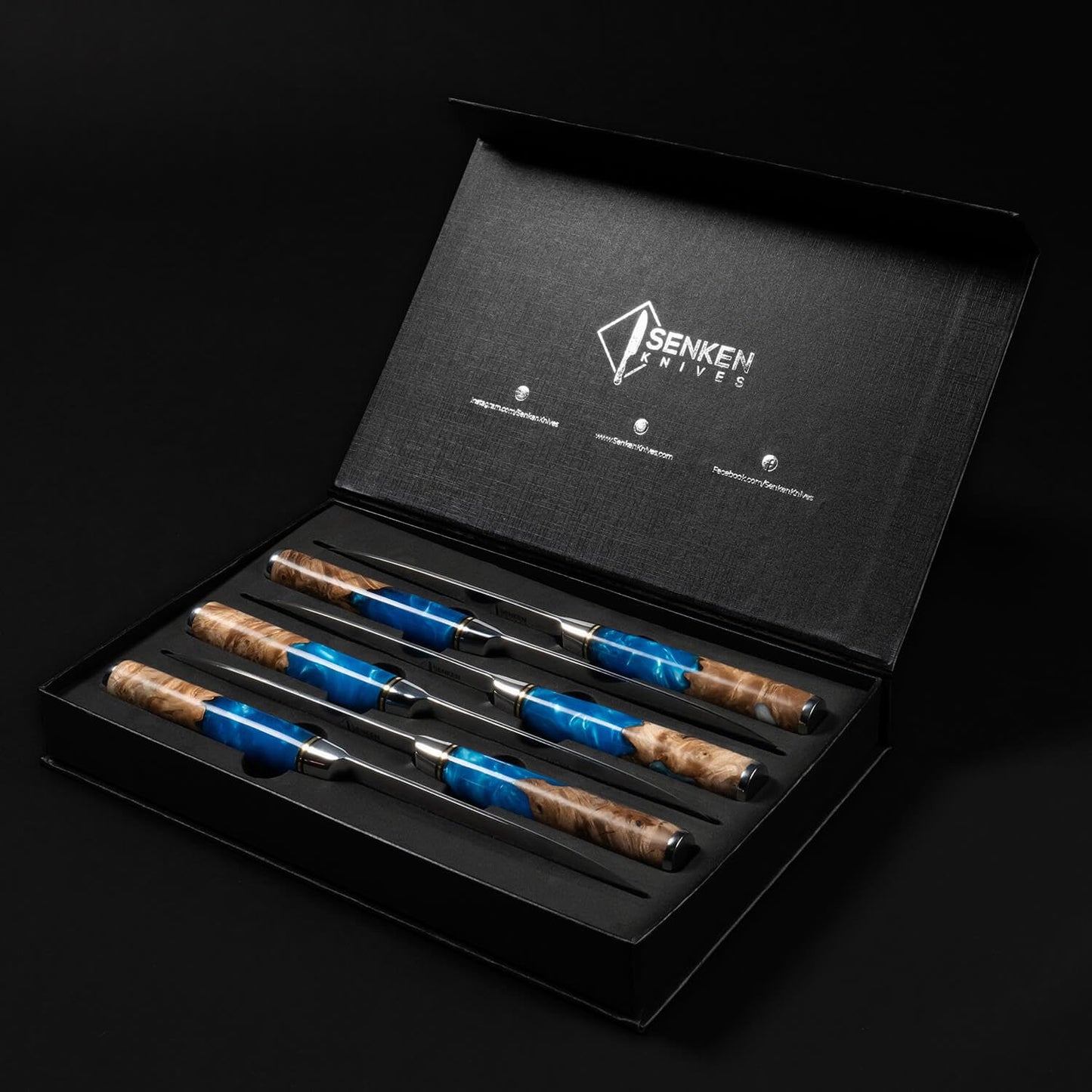 SENKEN Damascus Steak Knife Set - Tsunami Collection - 67-Layer Japanese VG10 Steel - Razor Sharp Non-Serrated Blades, Blue Resin & Natural Wood Pattern Handles, Luxury Gift Box (8 Steak Knife Set)